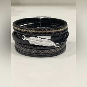 2/$25 NEW Black women vegan leather bangle bracelet cuff leaf braid rhinestone